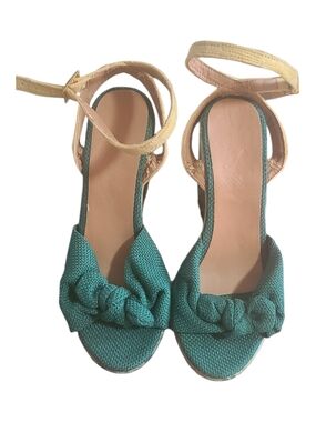 Teal Floral Platform Wedge Sandals with Ankle Tie